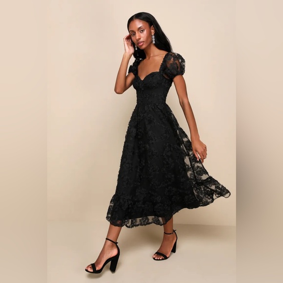 Lulus Notable Elegance Black Mesh Floral Applique Bustier Midi Dress - Picture 5 of 12